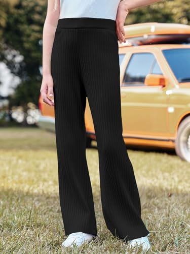 Image of Haloumoning Girls Solid Rib Knit Wide Leg Pants Elastic Waist Flowy Casual Sweater Pants 5-14 Years