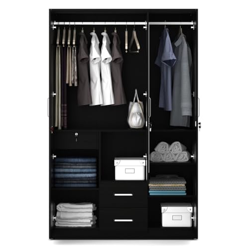 Image of Spacewood Apex 3 Door Wardrobe with Mirror | Natural Wenge Finish | Engineered Wood Almirah with 3 Drawers (1 Lockable) & 2 Hanging Spaces | Bedroom Cupboard Almari | 3-Year Warranty