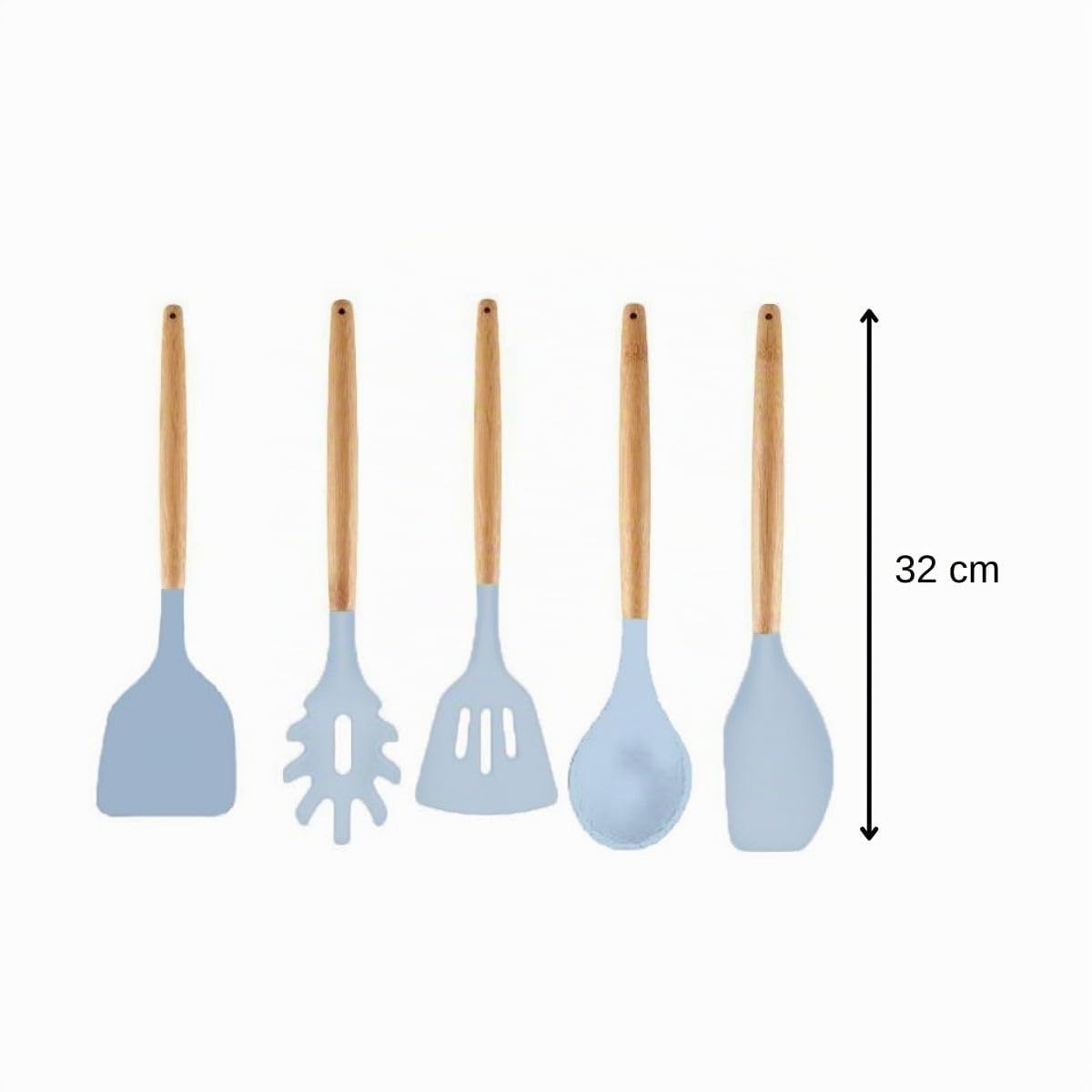 Fackelmann 30178 Set de 5 ustensiles de cuisine, Lot de cuillères et spatules de cuisine et leur support en bois, Silicone, Bois FSC, 32cm
