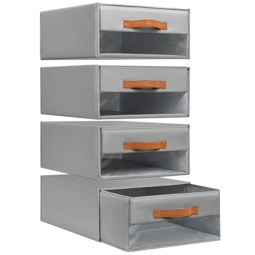 Multipurpose Foldable Fabric Closet Organizers with Clear Window, Stackable Storage Bins & Drawers for Clothes, Shoes & Accessories - Space Saving Storage for Bedroom, Living Room, 4-Pack Grey