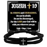 Mikovivi Pulsera de cruz cristiana para hombre, pulsera religiosa ajustable de Jesús negra con tarjeta de Josué 1:9 para regalo de bautismo y decoración (estilo corto)