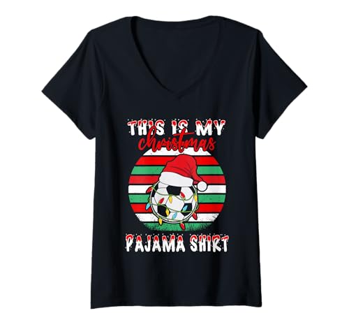 Mujer This Is My Christmas Pajama Soccer Football Santa Hat Xmas Camiseta Cuello V