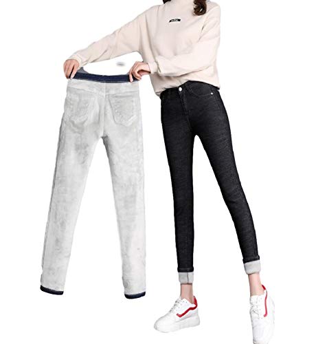 Lazutom Jeans d'hiver stretch doublé polaire pour femme Taille haute Épais Skinny Chaud - Noir - 40 Cover