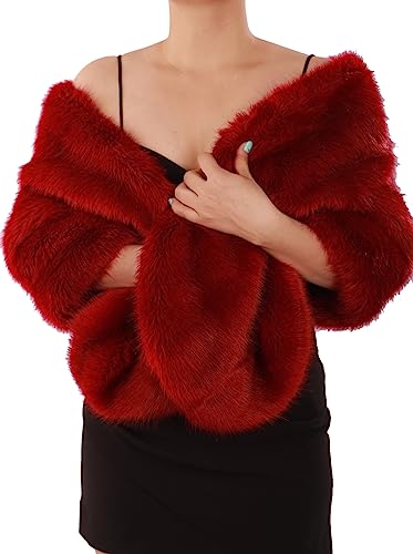 Octwine Fashion Bride Faux Fur Shawl Wrap Warm Comfortable Stole Shrug Winter Bridal Wedding Cover Up Long Shawl Cloak Cape Coat for Women (Red)2