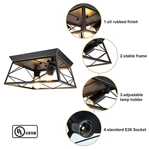 Dllt Farmhouse Flush Mount Ceiling Light Fixture, 2-Light Metal Square Close To Ceiling Light, Industrial Semi Flush Mount Ceiling Lamp For Bedroom Kitchen Hallway Porch Living Room, E26 #TOP2