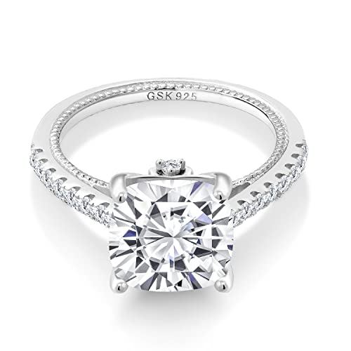 Gem Stone King 5.27 Cttw White Moissanite and White Created Sapphire Engagement Ring For Women | 925 Sterling Silver | Cushion 10MM | Available In Size 5, 6, 7, 8, 9