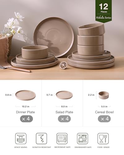 Image of Famiware Nebula Plates and Bowls Set, 12 Pieces Dinnerware Sets, Dishes Set for 4, Cinnamon Brown