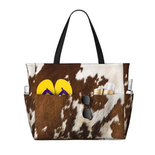 Sac de plage grand format pour femme, cabas à bandoulière imprimé peau de vache rouge et blanc