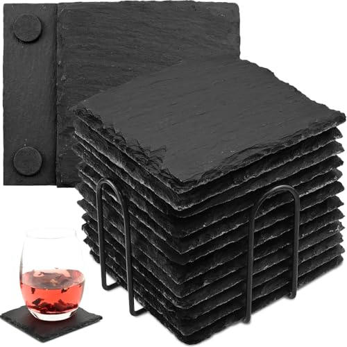 Lot de 12 dessous de verre carrés en ardoise avec support, 10 x 10 cm, noir, avec dessous résistant aux rayures, pour bar, cuisine, décoration de la maison