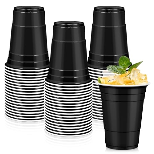 LANLISA 50 Black Plastic Cups 16 oz Disposable Cups Drinking Cups For Birthday Party Graduation Halloween