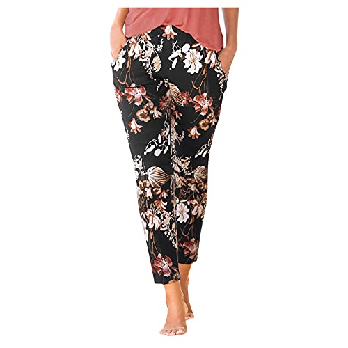 MAYW Comfy Stretch Floral Print Boho Lounge Pants,Summer Casual Elastic Waist Drawstring Beach Pant with Pockets,Stylish Waves Stripe Pant Wide Leg Pants LoosePlus Size Plazzoo Pant for Women