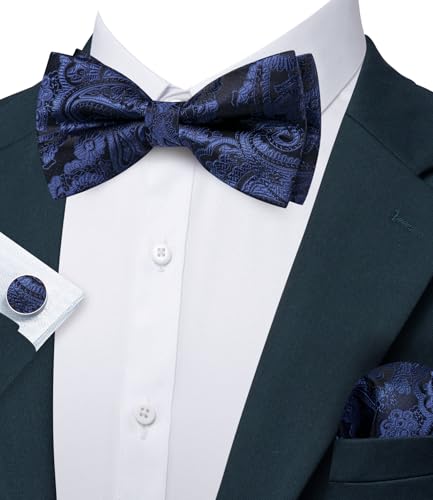 Image of Barry.Wang Paisley Striped Bow Tie for Men Silk Pre-Tied Bowtie Pocket Square Cufflinks Set Formal Wedding Party Prom