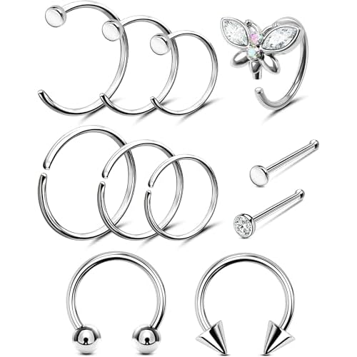 OUFER 11PCS Nose Rings Hoops, 316L Surgical Steel Nose Rings 20G, Seamless Nose Rings Studs Bee Butterfly Flower Shining CZ Nostril Piercing Jewelry for Women and Men