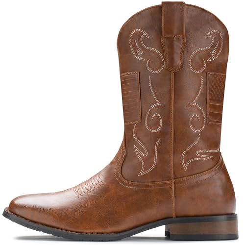 Image of IUV Cowboy Boots For Men Western Boot Classic American Flag Embroidered Square Toe Mid-Calf Boots