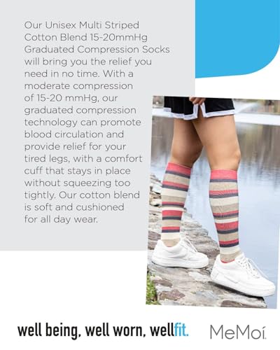 Image of MeMoi Wellfit Unisex Multi Striped Cotton Blend 15-20mmHg Graduated Compression Socks