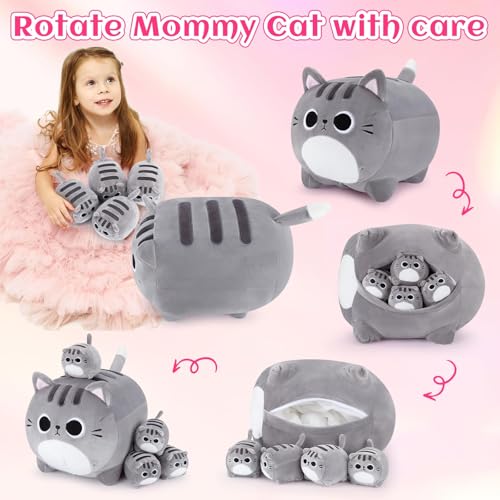 Image of 5 PCS Grey Cat Plush Stuffed Animal Family-15.8 inch Large Grey Cat Plush, Cat Mommy Cat with 4 Baby Kittens Cat Plushies for Kids, Kawaii Cat Plush Toy Christmas Birthday Gifts for Kids Boys Girls