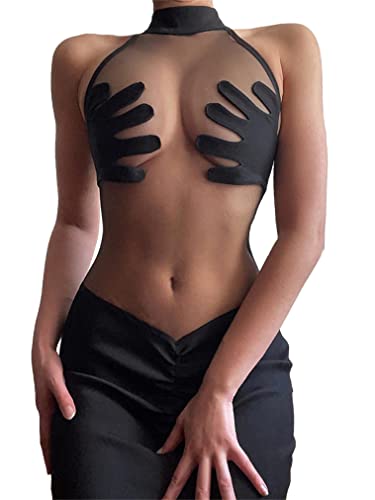 FEESHOW Damen Transparent Cut Out Minikleid Bodycon Sexy Tüll Partykleid...