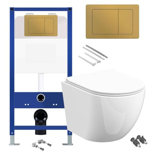 Image of D-Shape Rimless Wall Hung Toilet Pan with Tall Concealed Cistern Fame - Brushed Brass Gold Flush Plate Square Button