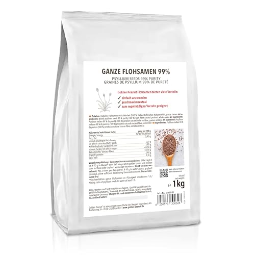 GOLDEN PEANUT Flohsamen ganz 1 kg - 99% Reinheit, ballaststoffreich, ohne Zusätze, aus Indien, vegane und glutenfreie Backzutat