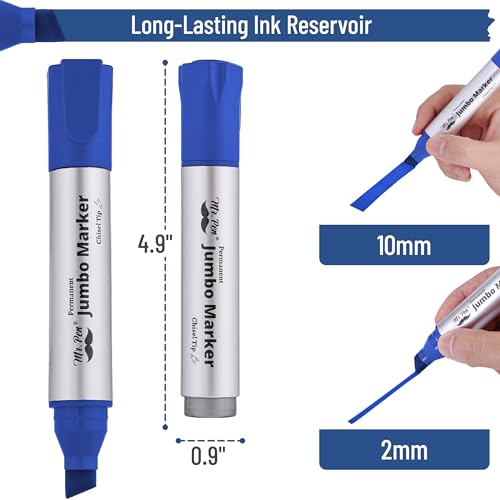 Image of Mr. Pen- Jumbo Permanent Markers, 4 Pack, Blue, Chisel Tip, Wide Tip, Large | Thick Permanent Markers for Canvas, Posters Board, Fabric, Window, Glass, Wood, Waterproof, Quick Dry