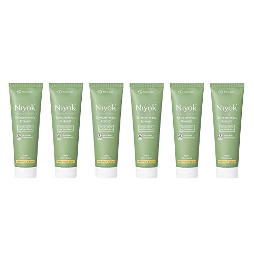 NIYOK Zahncreme Kokosöl + Pfefferminze & Zitrone (6x75ml), natürlichen Wirkstoffkombination aus Kokosöl und erfrischenden Extrakten, Bio Zahnpasta, Vegan, Fluoridfrei, Naturkosmetik