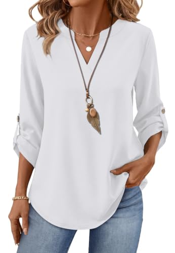 Image of XIEERDUO 3 /4 Length Sleeve Womens Tops V Neck T Shirts Both Side Buttons Blouses Business Casual Outfits Loose Fit