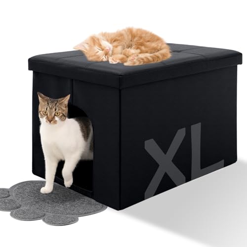 MEEXPAWS Cat Litter Box Enclosure Furniture Hidden, Cat Washroom Bench Storage Cabinet |Large 25.6'' x 17.7'' x 17.7''| Dog Proof | Waterproof Inside/Easy Clean | Easy Assembly | Odor Control(Black)