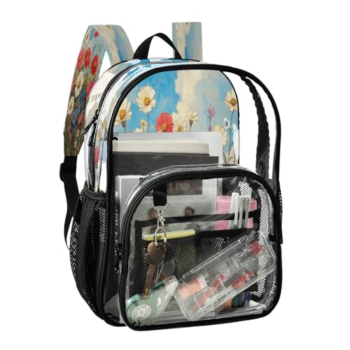 Wild Flowers Oil Painting Clear Backpack - Stadium Approved Large 15.7-inch Waterproof Transparent Bag for Sports, Concerts, Work, Travel#2422