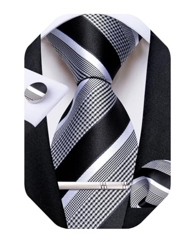 Image of DiBanGu Mens Striped Tie Silk Woven Necktie and Pocket Square Cufflinks Tie Clip Set Wedding Business Formal Gift Tie for Men