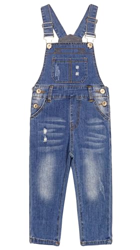 KIDSCOOL SPACE Jeans Slim Fit petits garçons, salopette en jean à la mode avec grande poche à bavette déchirée, bleu clair, 7-8 ans