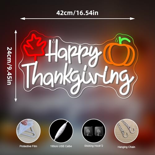 Image of Happy Thankgiving Neon Sign Thanksgiving Autumn Harvest Pumpkin Decoration LED Neon Light for Wall Decor Bedroom Living Room Kitchen USB Powered Adjustable Light Decor