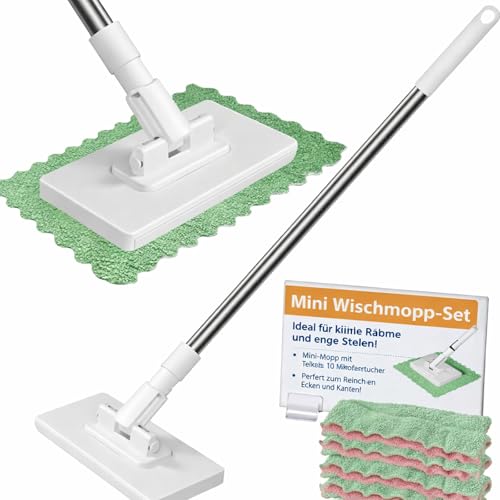 Mini fregona con cambio automático de paños, con sistema de sujeción a presión, mango telescópico de 100 cm, incluye 10 paños de microfibra reutilizables, para espacios estrechos, limpieza en seco y