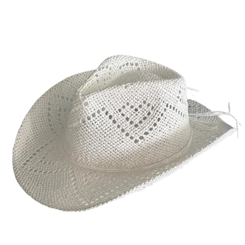 Straw Cowboy Cowgirl Hats for Women Men Shapeable Short Brim Beach Hat Western Sun Hats for Rodeo Country Party (White ONE Size)