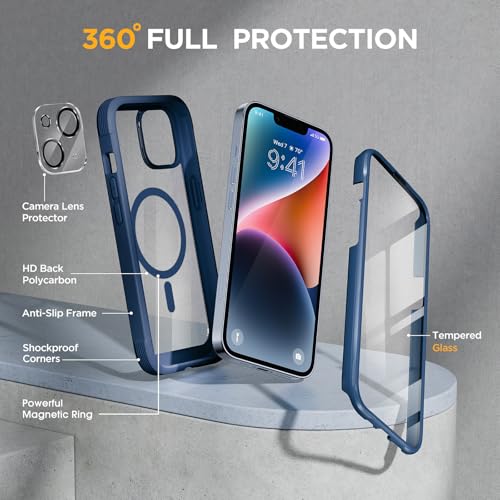 Image of Miracase Magnetic for iPhone 14 Case 6.1'', [Bubble Free] Full-Body Bumper Phone case with Built-in Full Glass Screen &Lens Protector,No Gap,Compatible with MagSafe,Drop Proof 14 Cover,Storm Blue