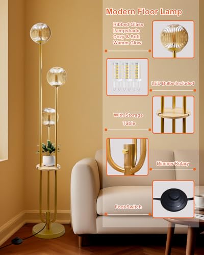 Image of Lightdot Amber Glass Floor Lamp with Shelf 63IN Dimmable Mid Century Modern Gold Standing Lamps 3000K Bulbs Included Globe Floor Lamp with 5Lbs Heavy Base for Living Room /Wedding /Sofa Beside /Corner