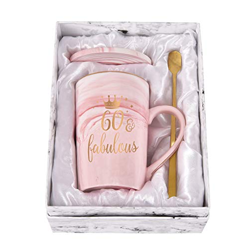 60th Birthday Gift - 60th and Fabulous Coffee Mug - 60th Anniversary Christmas Mothers Day Gifts for Grandma - Grandmother Coffee Mug for Women - Pink Marble Mug with Spoon Coaster Box 14 Oz