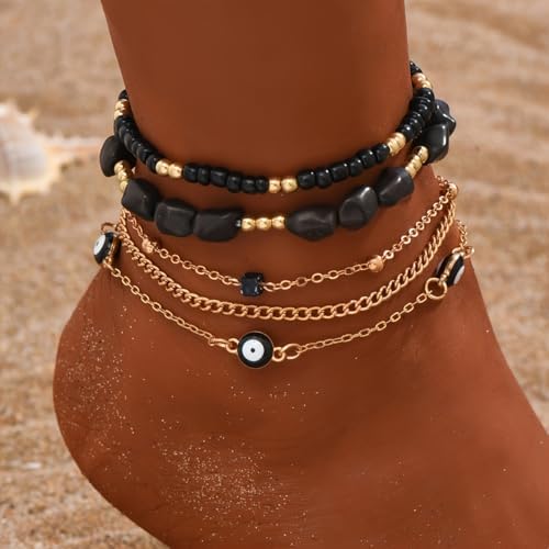 5-Piece Bohemian Multi-Layer Anklet Set – Evil Eye Beaded Beach Anklets – Stylish Vacation Foot Jewelry for Women