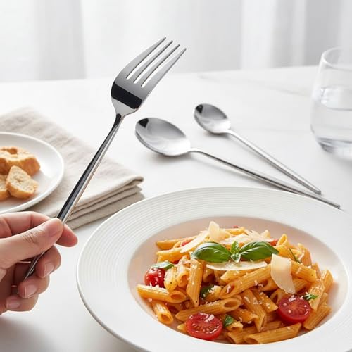 Image of 5 Pcs Silver Cutlery Set for Dining Table the Perfect Lightweight Silim Handle Tableware Including Dinner Spoon, Dinner Fork, Dinner Knife, Dessert Spoon & Dessert Fork