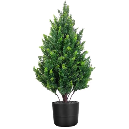 2.3FT Artificial Cedar Topiary Outdoor, Fake Bushes Plants Tree with Pot, UV Resistant Realistic...