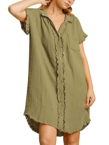 Paintcolors Women's Cotton Button Down Shirt Short Sleee Dresses Tunics Oversized Beach Cover up Blouse Tops with Pockets