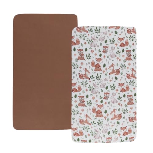Image of Stretchy Fitted Crib Sheets Set 2 Pack Portable Crib Mattress Topper for Baby Girl Boy,Ultra Soft Jersey Material, Brown & Fox