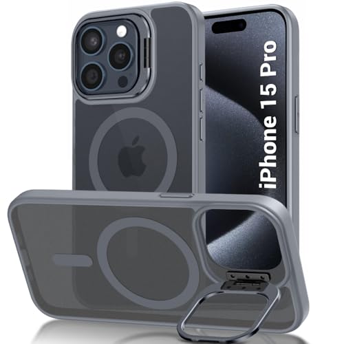 Image of TheGiftKart Hybrid Matte Frosted Back Cover Case for iPhone 15 PRO Compatible with MagSafe | Built-in Stand | Shockproof Hard Case Cover for iPhone 15 PRO (PC & TPU, Translucent Grey)