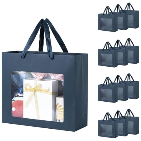 Sdootjewelry 12 Pack Navy Blue Gift Bag with Transparent Window, 13X4.5X10.8 Inches Window Navy Gift Bags with Handles, Flower Bags for Bouquets, Kraft Paper Gift Bags for Party Wedding Shopping Cover