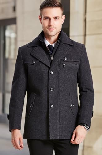 Image of chouyatou Men's Gentle Layered Collar Single Breasted Quilted Lined Wool Blend Pea Coats