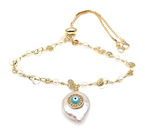 Gold Evil Eye Baroque Bracelet Adjustable Protection Jewelry