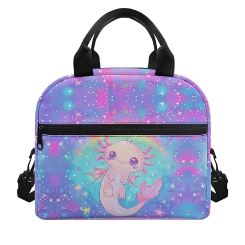 Showudesigns Rainbow Axolotl Lunch Bag for Women Galaxy Lunch Box Girls 6-8 8-10 10-12 Cooler Bag Reusable Lunch Tote Box With Front Pocket Thermal Meal Organizer Bento Box