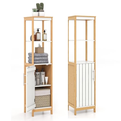 LIFEZEAL Armoire Haute en Bambou avec Compartiments, Meuble Colonne, Meuble de Rangement pour Salle de Bain, Couloir, Cuisine, Salon, 30 x 30 x 129 cm