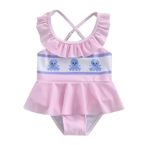 KMBANGI Toddler Baby Girl Octopus Swimsuit Baby Rash Guard One Piece Bathing Suit Sleeveless Halter Bikini Ruffle Shorts (Pink, 6-12 Months)
