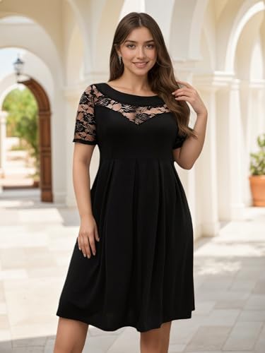 Plus Size Dresses for Curvy Women, See Through Lace Panel Semi-Formal Business Casual Work Dress A-Line Midi Dress3