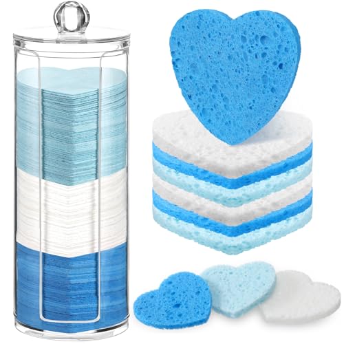 Sieral 120 Pcs Compressed Facial Sponges, Heart, Blue, Light Blue, White